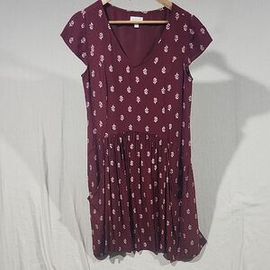 Garnet Hill Burgundy Floral Cap Sleeve Drop Waist Midi‎ Dress Women Size 2